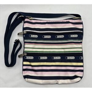 LESPORTSAC Small Crossbody Purse Navy Pink Multi Striped 3 Zip Nylon Swingpack‎